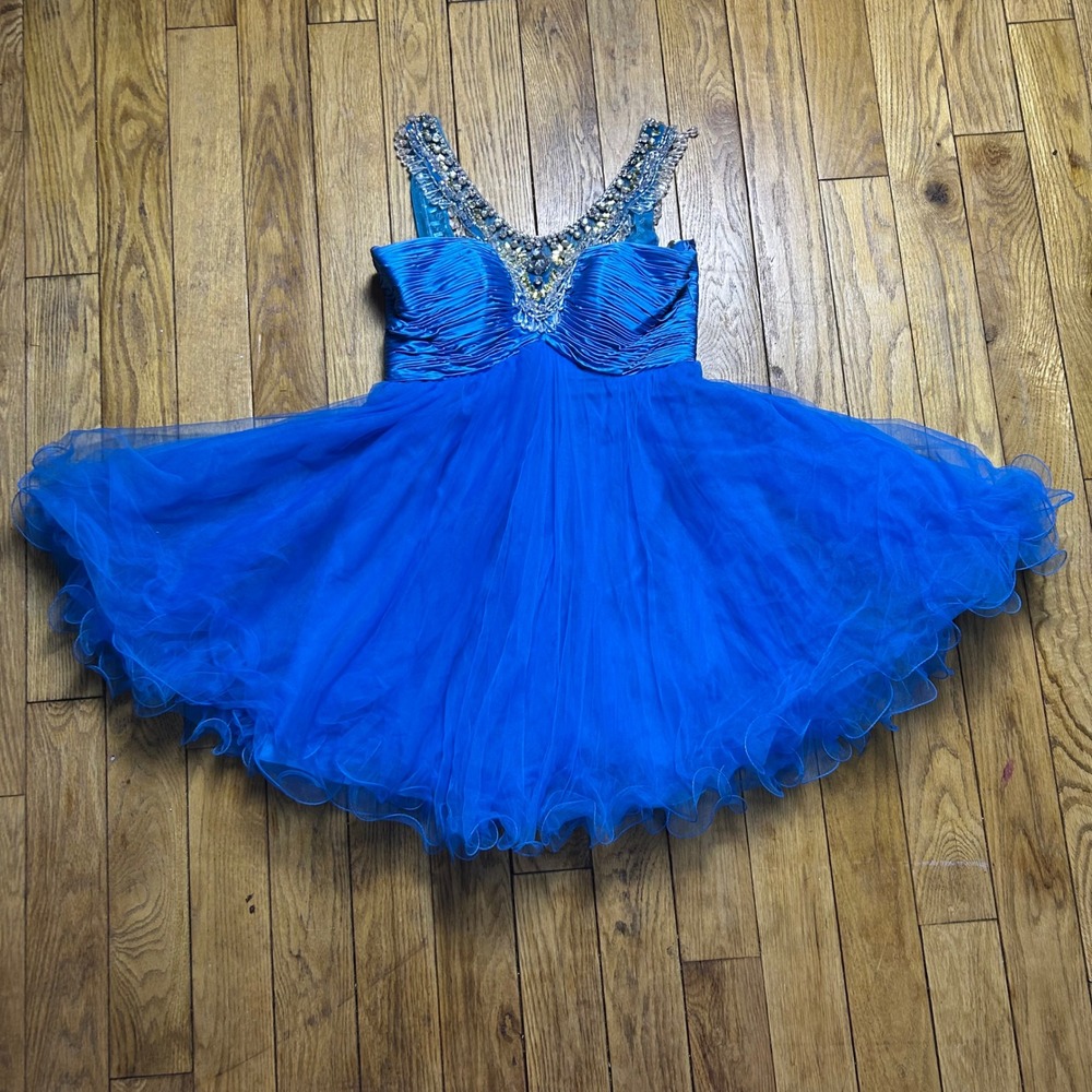Sherri Hill Blue Crystal Embellished Ruched Tulle Homecoming Dress 6